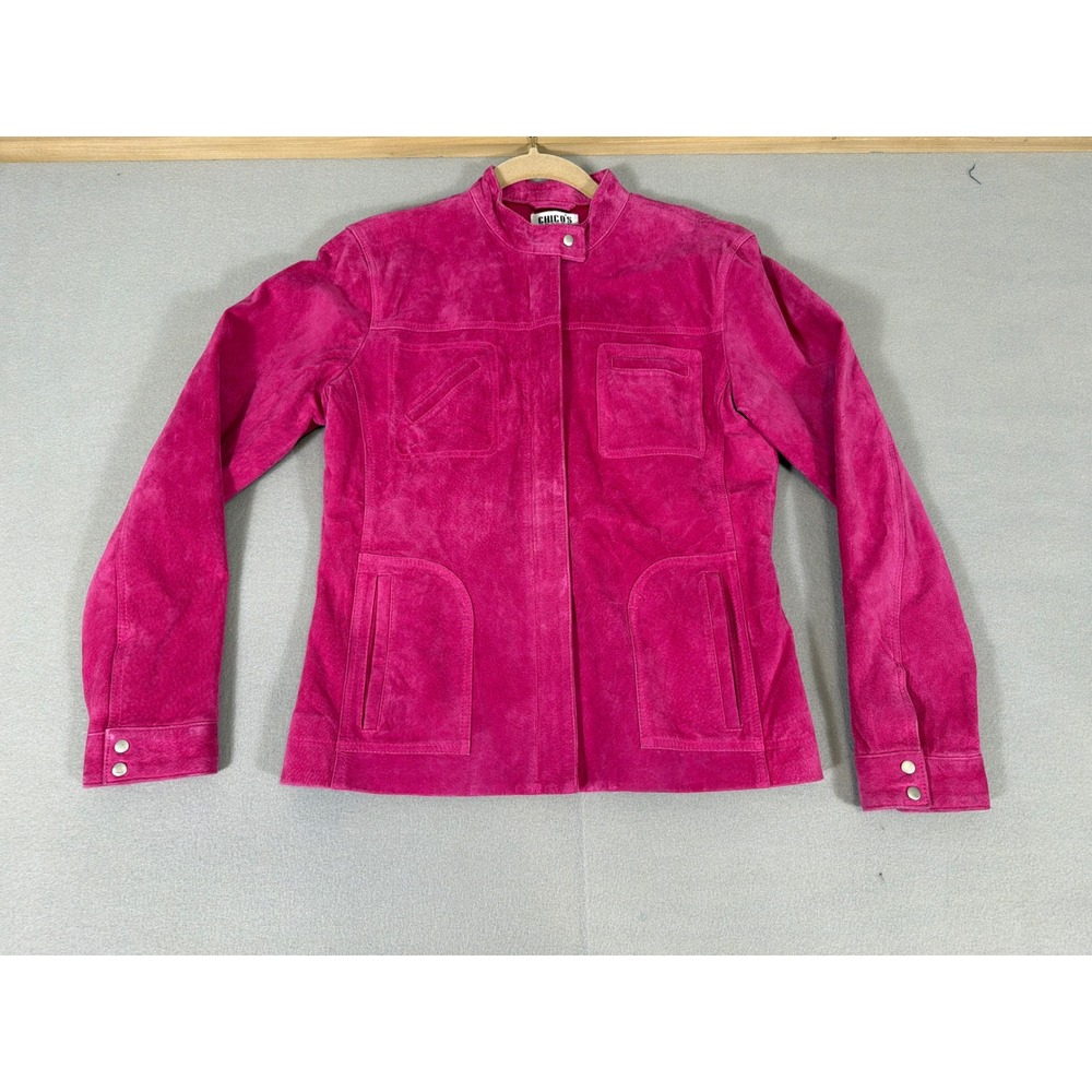 Chico's Design Pink Suede Leather Jacket Mock Neck Zip Front Size 0 XS Magenta